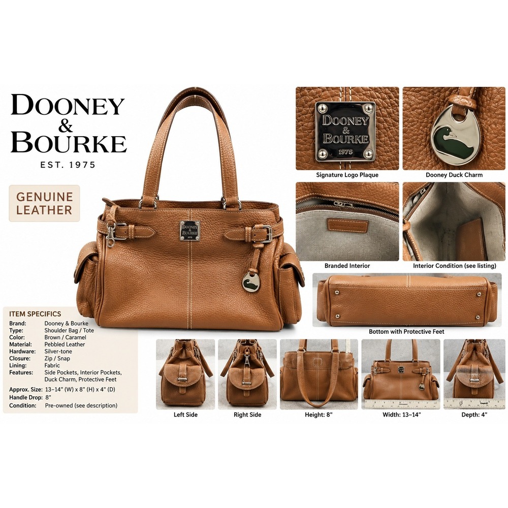 Dooney & Bourke Caramel Brown Pebbled Leather Shoulder Bag Tote Silver Logo Duck